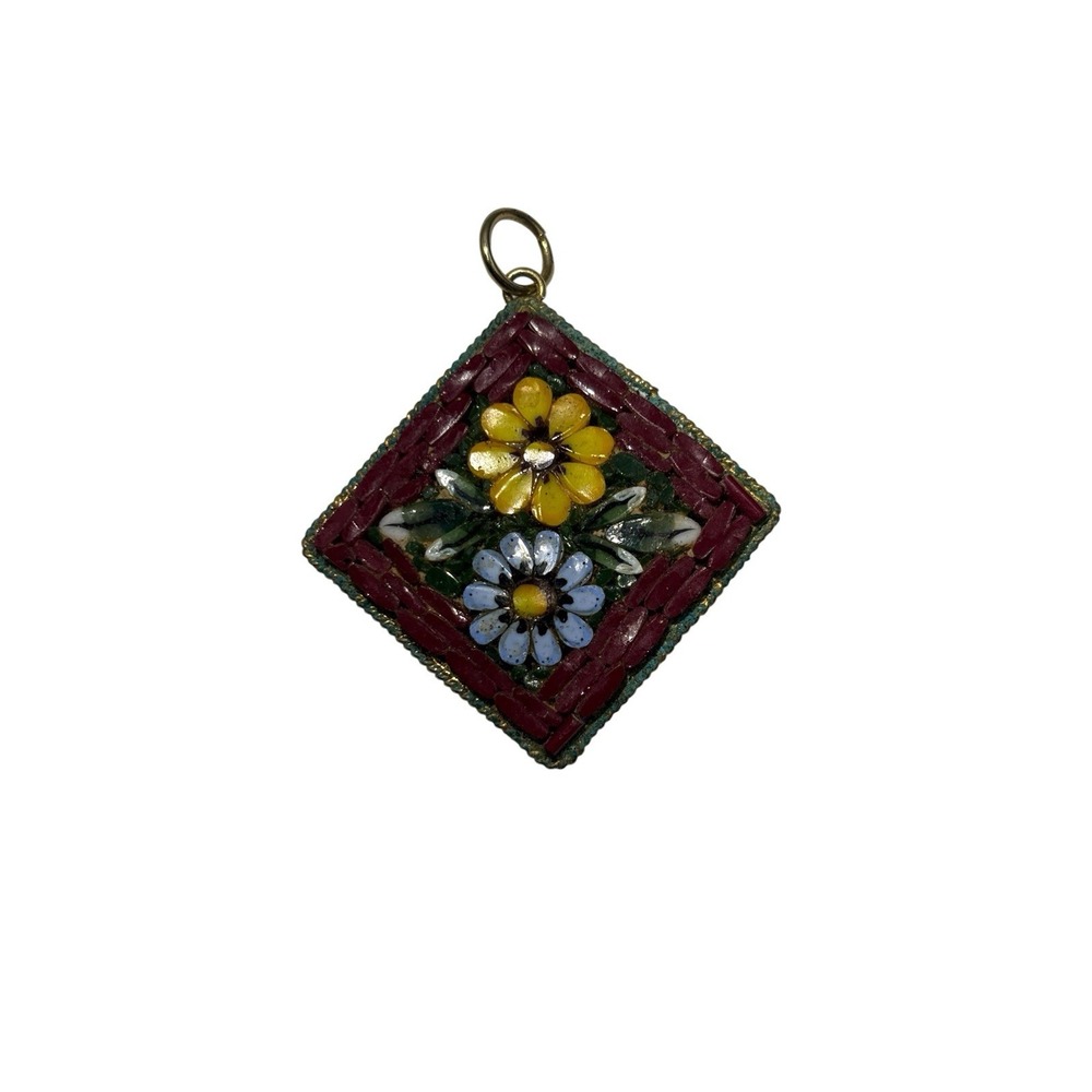 Vintage Italy Gold Tone Colorful Floral Boquet Micro Mosaic Necklace Pendant